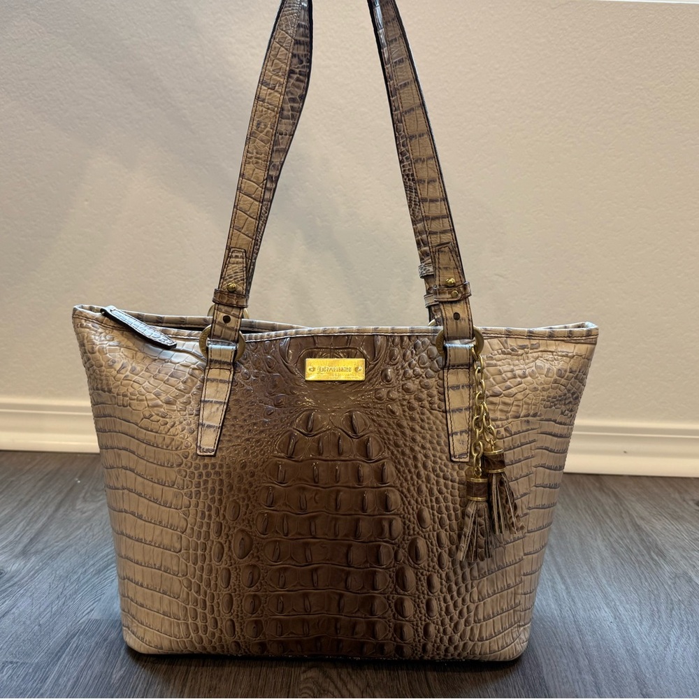RARE Brahmin Asher Tote Brown and Beige Crocodile Leather with Gold Hardware